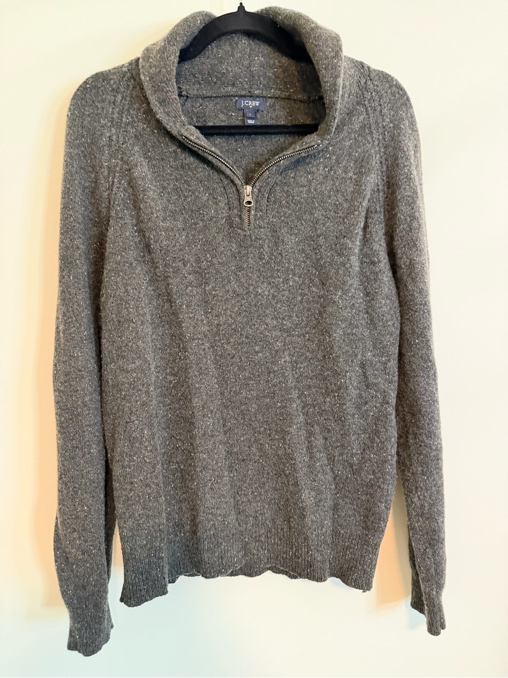 J. Crew women’s Gray Zip-Neck Shawl Collar Wool Sweater